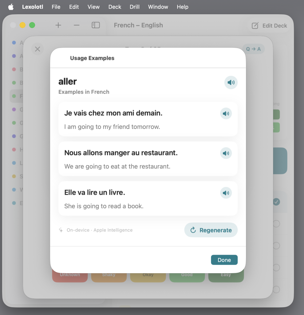 See the word at work: usage examples in Lexolotl