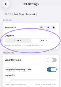 Screenshot of Lexolotl drill settings on iPhone with Reverse settings toggle circled