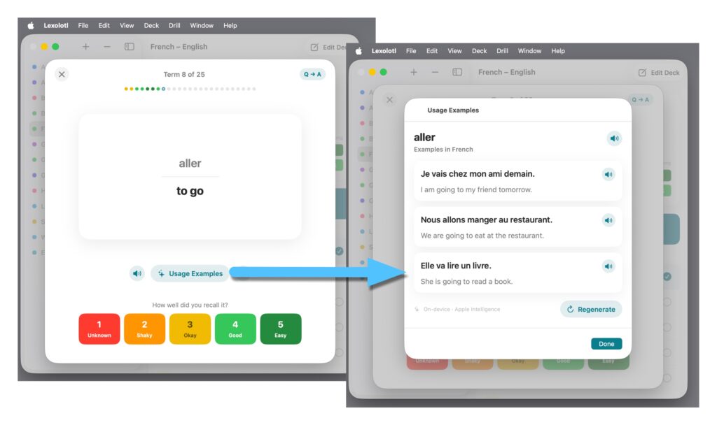 Two screenshots, showing a flashcard drill answer card and then the usage examples generated for that term
