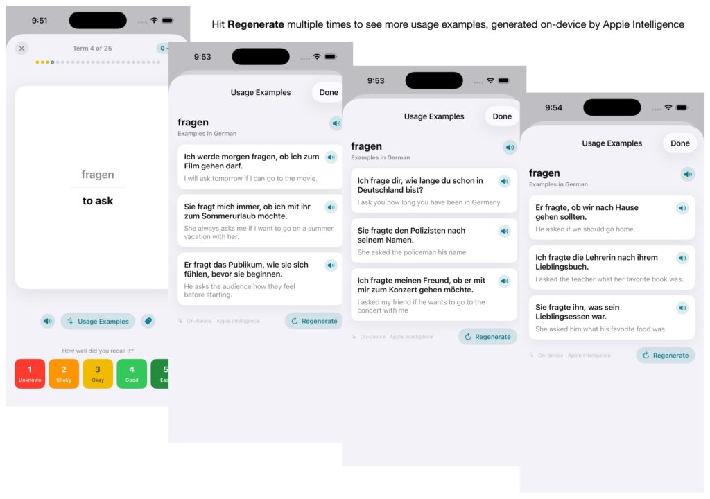 Screenhots from iPhone of flashcard drill and three rounds of regenerated usage examples